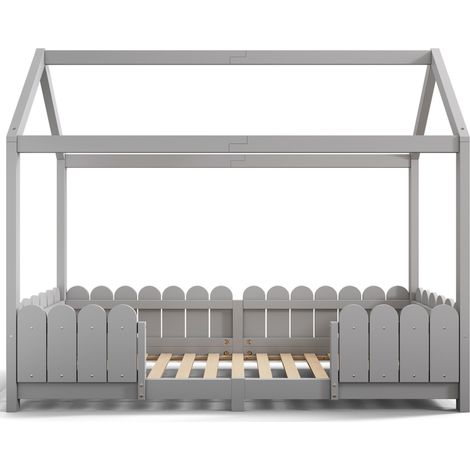 Kinder-Hausbett grau 90 x 200 cm mit Sicherheitsbarriere und Lattenrost (1/5)