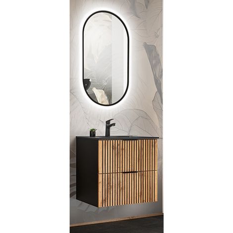 Waschplatz Set Waschtisch 60 cm mit Keramik Waschbecken schwarz, LED Spiegel XANTEN-56 in anthrazit mit Eiche Nb. schwarz gerillt, B/H/T: ca. 61/200/46 cm (1/5)