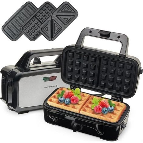 [JAMAIS UTILISE] KitchenBrothers Appareil multifonction 3-en-1 KitchenBrothers - Gaufrier/Grill/croque monsieur - Plaques interchangeables - acier inoxydable (1/4)
