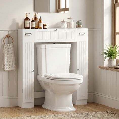 Meuble WC avec 2 placards, tiroir coulissant, porte-papier toilette et étagères réglables, blanc