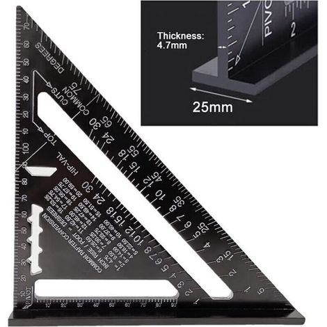 BCC 17 cm Dreieck-Winkelmesser aus Aluminiumlegierung, Zimmermannswinkel, professionelles metrisches Dreieck für Holzbearbeitung, Winkelmesser, Dreieck-Lineal mit Winkelmesser, Messwerkzeug, Schwarz -