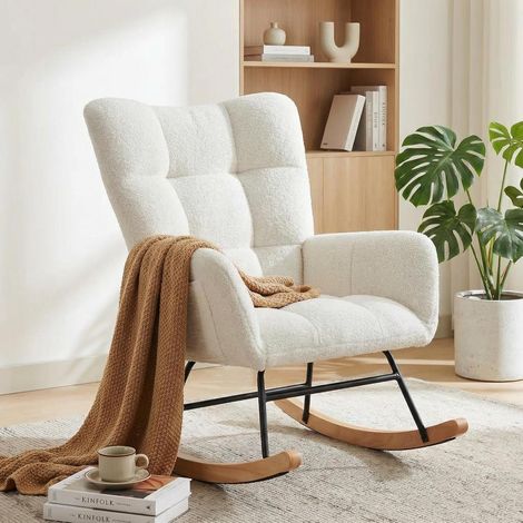 Fauteuil à bascule moderne charge 300 lbs, haut dossier avec poches latérales, pieds métal base bois, salon chambre bureau (1/5)