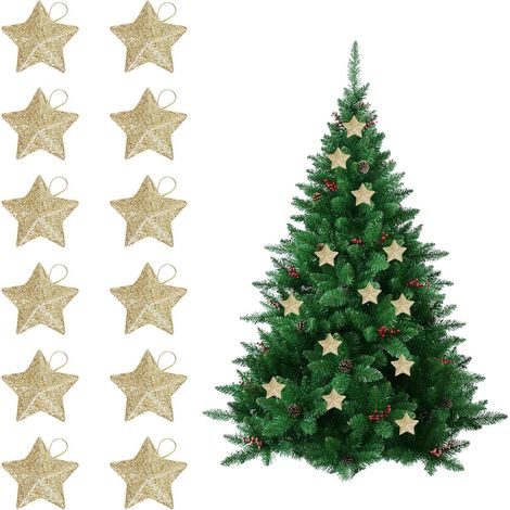 Set mit 12 Weihnachtsbaumkugeln – Goldene Sterne – Kleine Glitzersterne – Christbaumschmuck – Goldener Anhänger – Für Weihnachtsdekorationen – Gold (1/5)