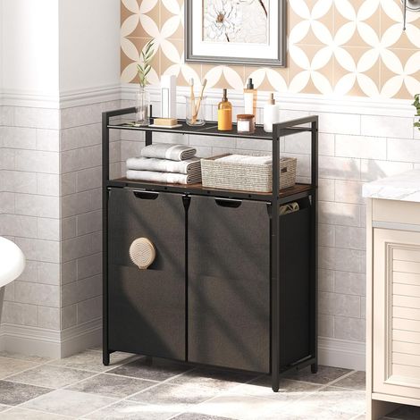 Wäschekorb 2 Fächer, Wäschebox, Wäschesammler mit 2 Ablagen, Wäschewagen, 2 x 49,5 L, verstellbare Füße, für Badezimmer, Waschküche, HOOBRO EBF73XY01