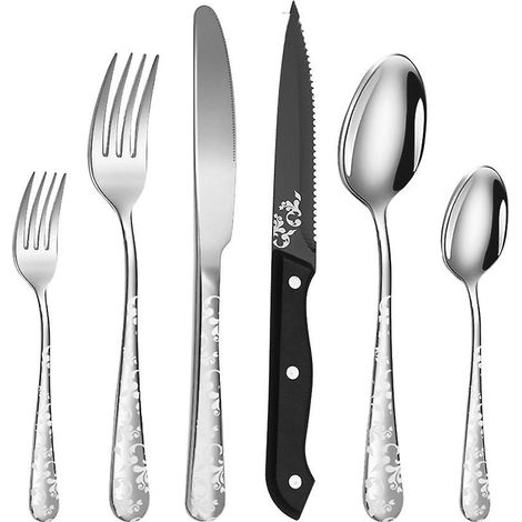 48-teiliges Edelstahl-Besteckset, hochglanzpoliert, bestehend aus 8 Steakmessern und 8 Tafelmessern (silberfarben).