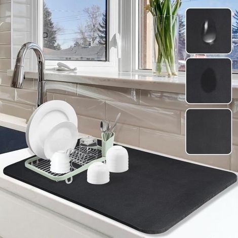 Tapis d'égouttage pour plan de travail de cuisine, tapis d'égouttage pour vaisselle de 40 x 60cm avec dos en caoutchouc (1/4)