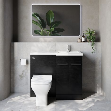 Napoli 390 Nero Oak 1000mm 2 Door Vanity Unit Toilet Suite with Right Hand Square Lucia Basin - 1000mm - Chrome 160mm HandleWith Kingston Toilet Pan and Seat