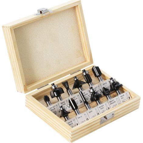 SABIR Ensemble de routeur , 12 pièces, (coupe-fraisage V-groove, coupeur de fraisage chamfer et bien d’autres) carbure inclinée, roulement à billes de départ incl. clé hexagonale et boîtier en bois (1/5)