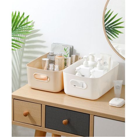 white plastic storage baskets, which can be used for storing cosmetics, organizing various items, and kitchen storage. (1/5)