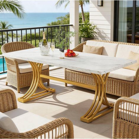 Mesa de comedor 160 x 80 cm en blanco y dorado con efecto mármol y patas de metal (1/5)