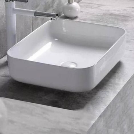 Rue Du Bain – Vasque à poser carrée en céramique blanche 40x40 cm – Sans trop-plein – Installation facile sur meuble ou plan suspendu (1/2)