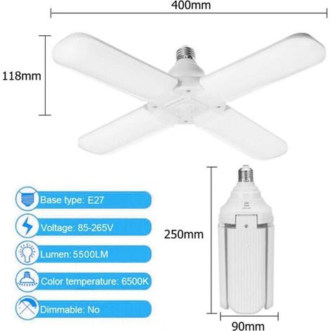 Lumière de Garage de LED, éclairage de garage à LED, E27 Lampe de Garage LED, 60W Lampe de Garage Déformable avec 4 Panneaux Réglables, pour garage, Entrept, Atelier, Sous-sol, Gym, Cuisine (1/2)