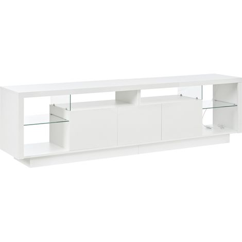 Meuble TV moderne blanc avec 3 portes laquées, étagères en verre transparent et éclairage LED multicolore contrôlé par application (1/5)