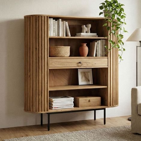 Bibliothèque 1 tiroir 4 niches 105x40x122 cm en acacia et métal noir (1/5)