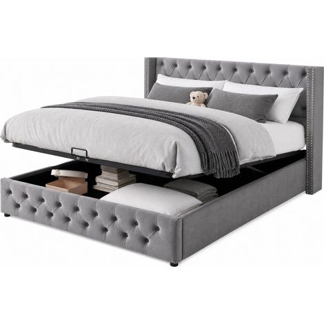 Lit coffre 140x200 en velours gris, tête de lit Chesterfield capitonnée avec clous décoratifs, sommier à lattes inclus, rangement hydraulique CHICFURN (1/5)
