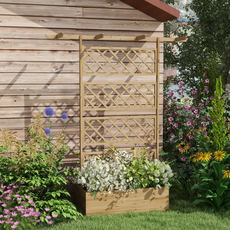 Hochbeet mit Rankgitter und Pergola für Kletterpflanzen, unten offen, 160 x 55 x 183 cm, Naturholz