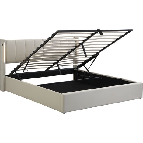 Lit coffre LED 140 x 200 cm en PU gris avec port USB, tête de lit réglable, sommier à lattes (1/5)
