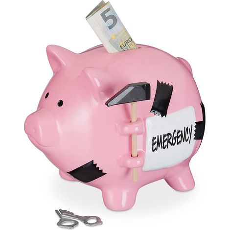 Tirelire Cochon avec Marteau, Inscription « Emergency », verrouillable, céramique, HLP : 14,5x15,5x20 cm, Rose (1/5)