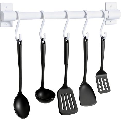 Porte Ustensiles Cuisine, Support Ustensiles Mural avec 5 Crochets, Barre de Suspension Sans Perçage pour Cuisine et Salle de Bain, pour Cuillères, Poêles, Casseroles et Accessoires (Blanc) (1/5)
