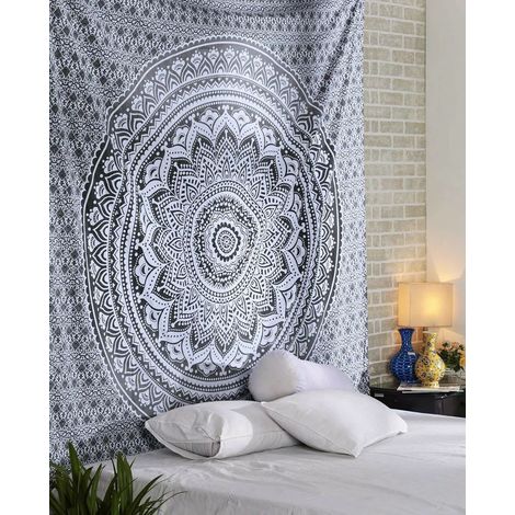 Tapisserie indienne Topchances Mandala Gris argenté/Décoration murale bohème indienne Tapis de yoga Couverture de pique-nique Serviettes de plage (Gris, 150 x 205 cm) (1/5)