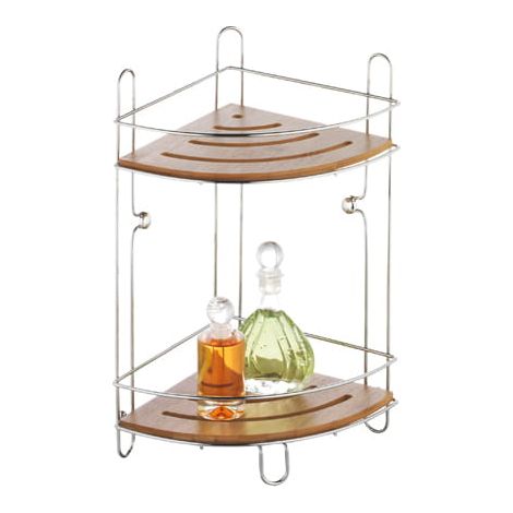 Estantería esquinera para baño con 2 baldas, bambú, bonja, cromada, brillante. (1/2)