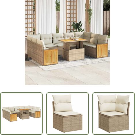 Canapé jardin - Salon de jardin avec coussins 10pcs beige résine tressée acacia (1/5)