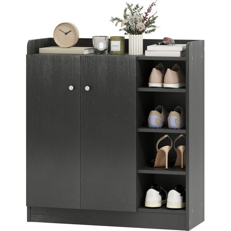 HOMCOM Schuhschrank für 12 Paar Schuhe im Flur – Aufbewahrungsmöbel mit 4 offenen Fächern und 2 Türen – Verstellbarer Einlegeboden – 83 x 30 x 90 cm (L x B x H) – Schwarz