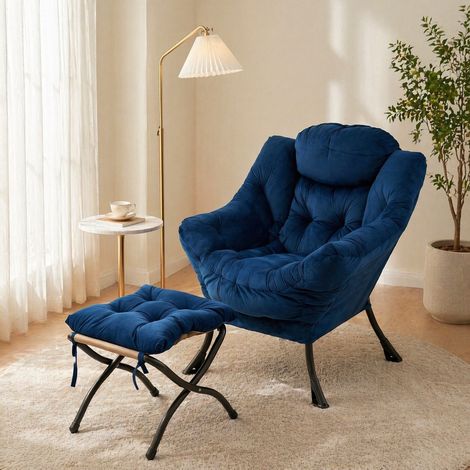Poltrona relax con poggiapiedi 79x62x96 cm in tessuto blu scuro, salvaspazio FloraGrace (1/5)