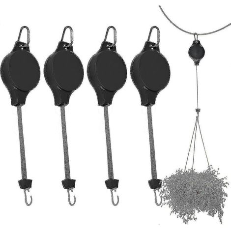 Lot de 4 poulies rétractables pour plantes, crochets et suspensions réglables pour plantes et paniers à fleurs suspendus. (1/3)