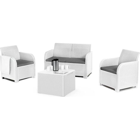 Dmora - Loungeset für draußen Barrhead, Outdoor-Lounge mit Couchtisch, Terrassenset mit Kissen, Gartenkomposition mit Sofa und Sesseln, 113x65 h74 cm, Weiß