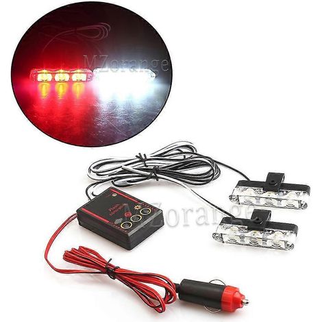 2x3 Feux stroboscopiques d'urgence FSO, gyrophares LED, stroboscopes, gyrophares de police, 12 V, 6 W, clignotants pour voiture, allume-cigare - 1 rouge, 1 blanc (1/5)