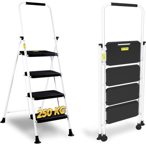 HYTAMA Scala Scaletta Sgabello Pieghevole "WHITE MAX" Salvaspazio con Gradini Antiscivolo e Impugnatura Soft in Gomma per Sicurezza Portata max150kg (4 GRADINI)