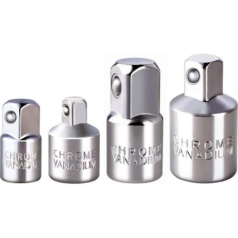 Adattatori per bussole a impatto (4 pezzi): 1/4", 3/8" e 1/2", in acciaio argentato. Compatibili con trapani a percussione.