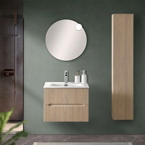 Mobiletto bagno sospeso cannettato 60 cm rovere chiaro con specchio Bali (1/5)