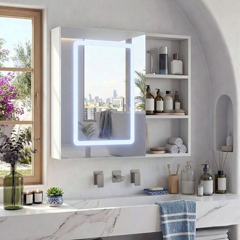 LED Spiegelschrank 1-türig 60x60 cm mit seitlichen Ablagen - Badezimmerspiegelschrank mit Antibeschlag, 3-Farben Touch-Beleuchtung