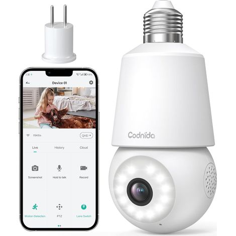 Camera Surveillance WiFi Intérieur/Extérieure sans Fil,2K Ampoule Camera Surveillance WiFi,Caméras de Surveillance avec Douille de Lampe E27,Sirène et Alarme Lumineuse,Vision Nocturne Couleur (1/5)