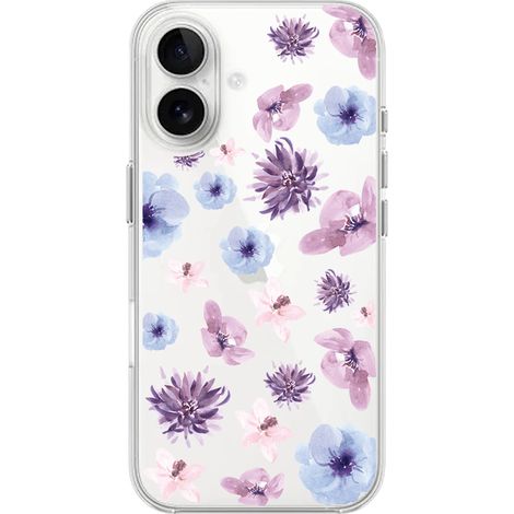 Custodia per iPhone 16, trasparente, Flexi in silicone, fiori blu e viola (1/5)