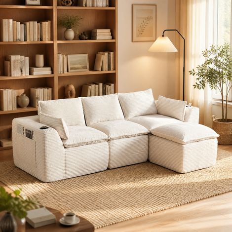 Divano modulare 3 posti con pouf, cuscini, portabicchieri e 2 tasche, beige HAVRYA (1/5)