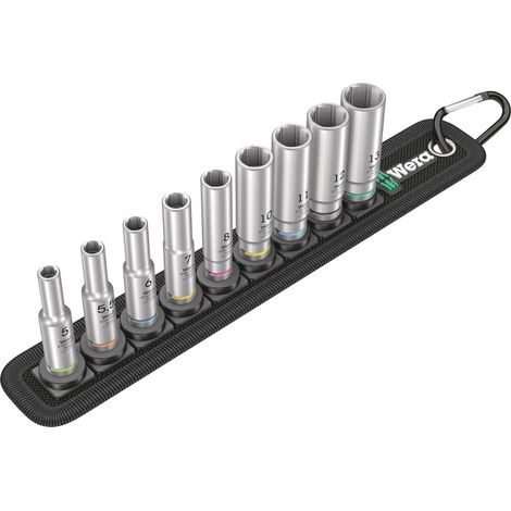 Wera – Coffret de 9 douilles longues Zyklop 1/4" – Mécanisme Twist to Unlock – Système Take it easy – Support avec mousqueton