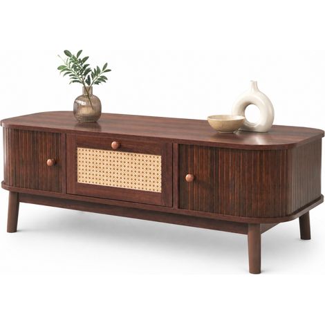 Tavolino da caffè con rattan, ante scorrevoli e gambe in legno, design naturale con ampio spazio contenitivo per il soggiorno, CHICFURN (1/5)