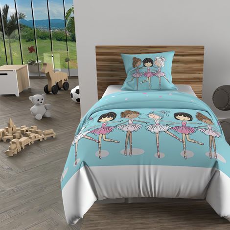 Parure housse de couette 140x200 cm DANSEUSES bleu, 100% coton 57 fils/cm2, (1/5)