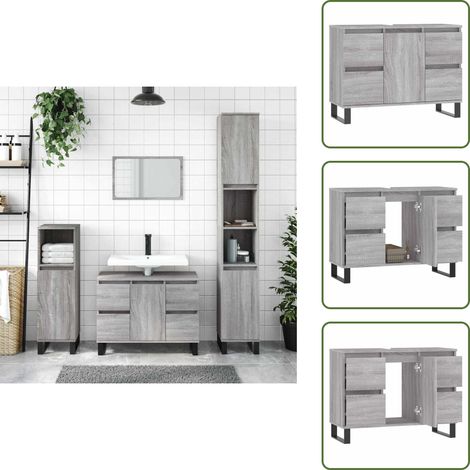 Badschrank Grau Sonoma 80x33x60 cm Holzwerkstoff - Badeschrank - Badezimmermöbel - Grau Sonoma - Holzwerkstoff - Eisenfuß (1/5)