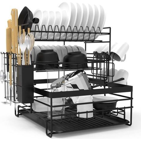 Dish Drainer, Large Capacity 3-Tier Dish Drainer with Drip Tray, Removable Stainless Steel Countertop Dish Drainer (Black) (1/4)