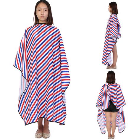 Cape de coiffure imperméable et résistante à l'huile pour salon de coiffure, rouge, blanche, bleue (à rayures) (1/5)