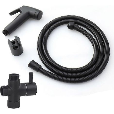Ensemble de douchette à main noire (ABS) pour robinets de toilette et pommeaux de douche, avec tuyau et support, adapté à une utilisation dans la salle de bain. (1/5)