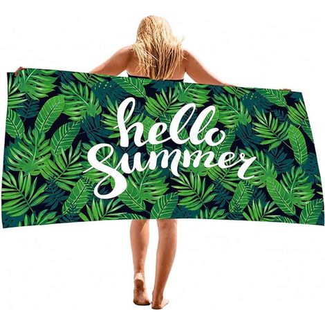 Serviette de Plage Microfibre 70x140 cm, Drap de Plage Anti-Sable Vert Motif Feuilles Tropicales Piscine, Transat, Sport