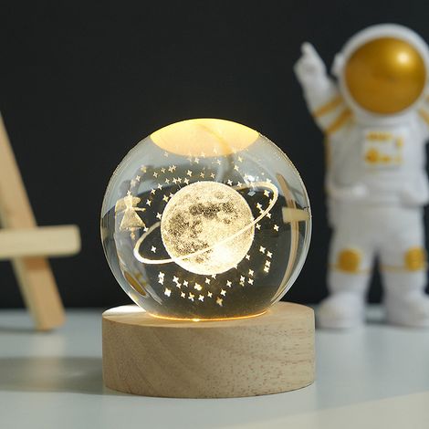 Veilleuse boule de cristal - Socle en bois massif - Objet décoratif lumineux en forme de planète - Alimentation USB (1/3)