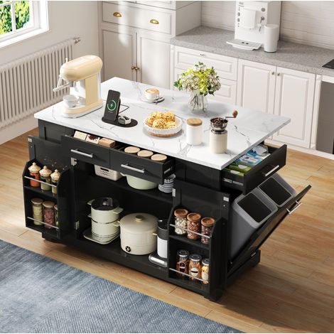 Îlot de cuisine 138x86x92 cm en MDF noir, plan rabattable, pour petit espace – MEUBLIV (1/5)