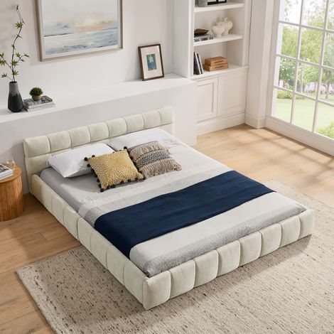Lit double 160x200 cm Lit rembourré lit adulte Sommier à lattes Tête de lit Velours Tissu Style moderne minimaliste Beige