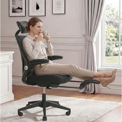 MEUBLIV silla de oficina ergonómica plegable negra con apoyo lumbar y reposapiés (1/5)